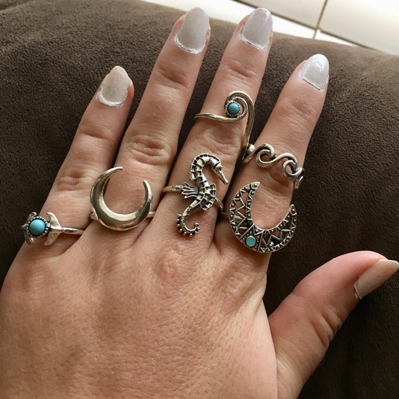 6Pcs Crescent Moon Seahorse Turquoise Ring Set - Picture 5 of 5